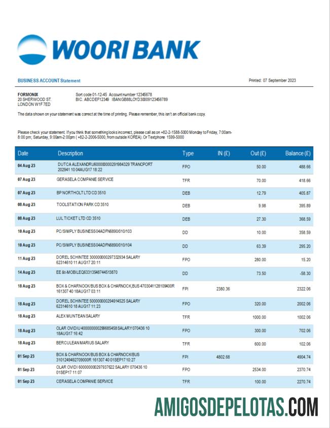 Baixável Woori Bank Business Statement modelo Word e PDF
